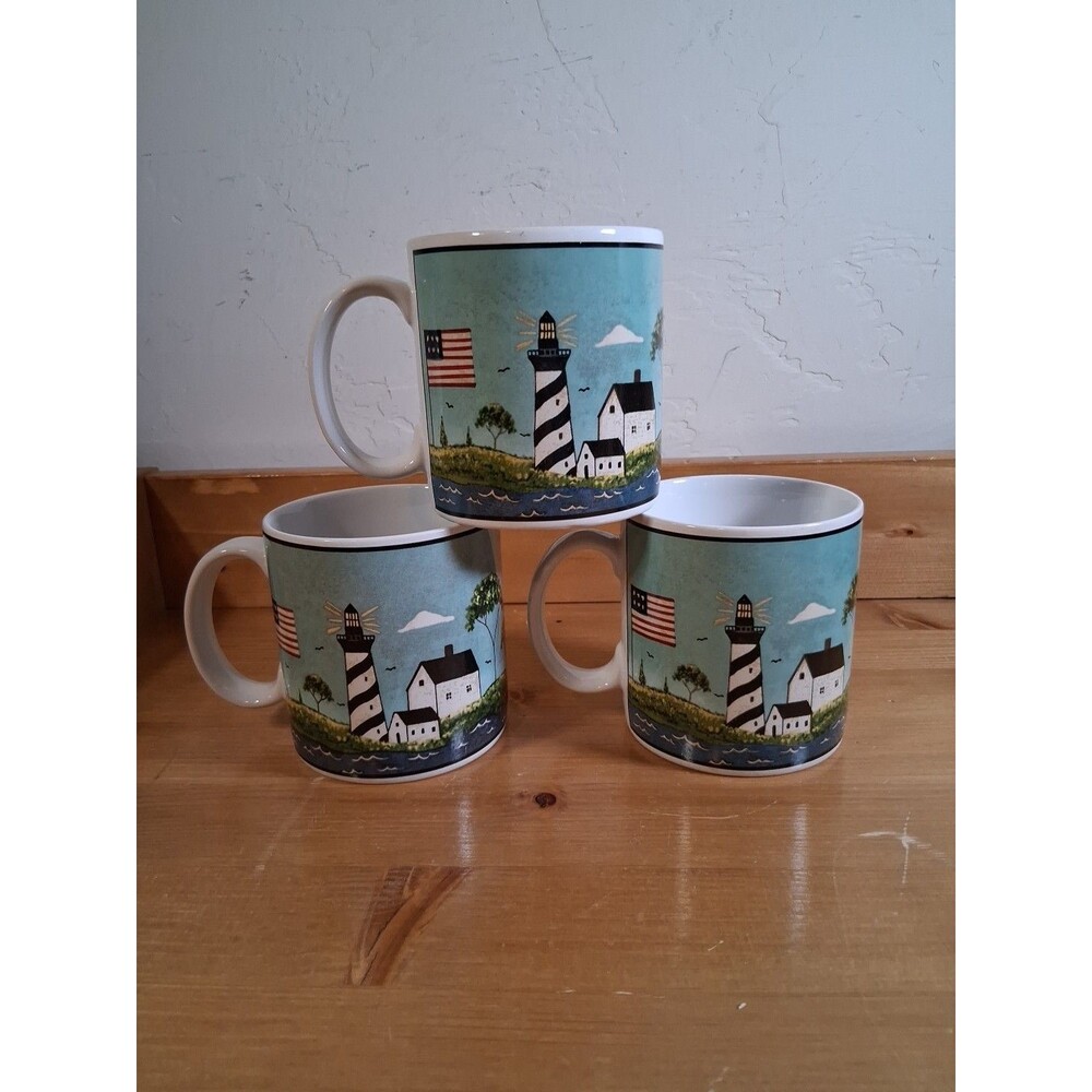 Mugs Sakura Coastal Breeze Warren Kimble Set Of 3 Lighthouse Sailboat Sea 1998